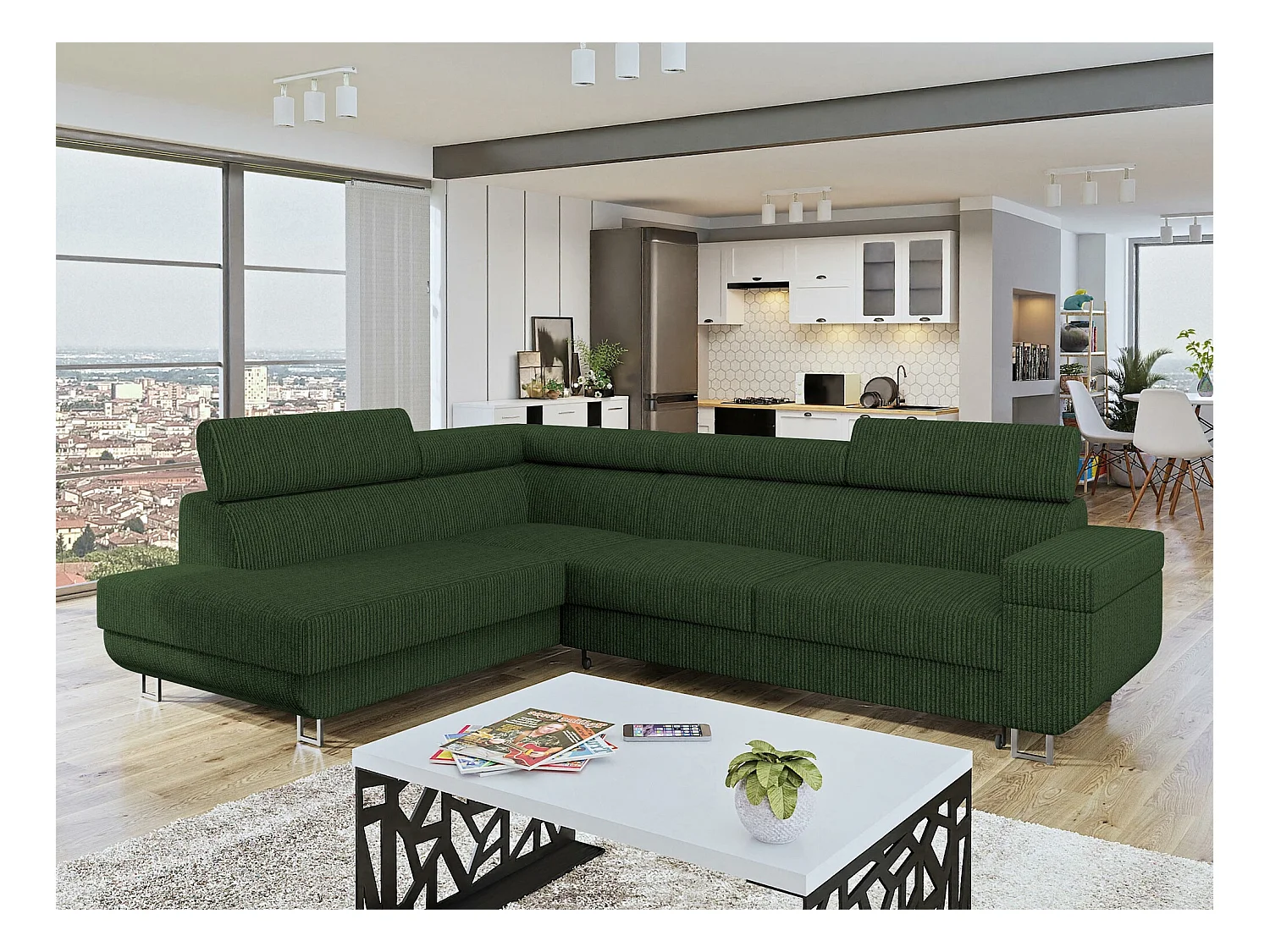 Canapé d'angle Comfivo 306, Vert, Fonction de couchage, Boîte de literie, 253x188x71cm