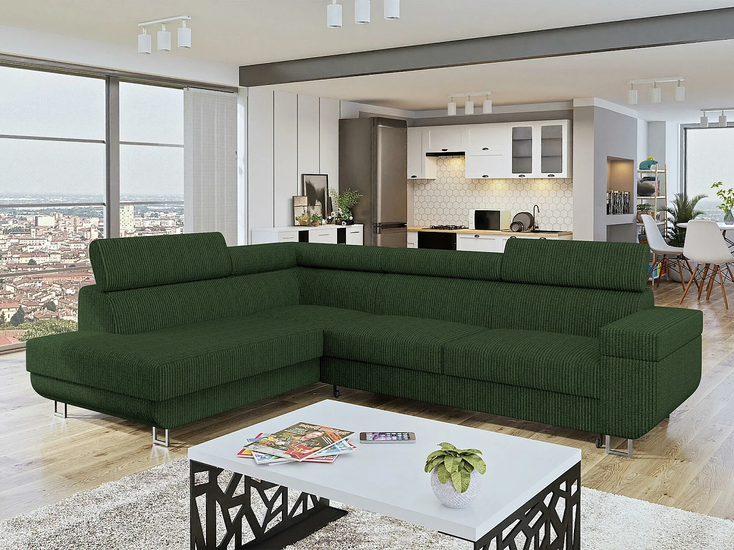 Sofá rinconero Comfivo Liberta, Verde, Función de descanso, Almacenaje, 253x188x71cm