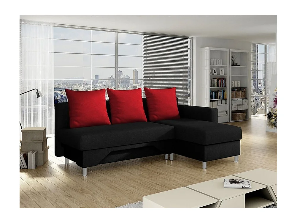 Canapé d'angle Akron 100, Noir, Fonction de couchage, Boîte de literie, 215x133x95cm