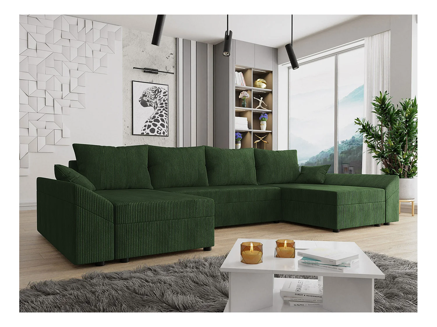 Divano angolare Memphis 105, Verde, Con, 317x140x82cm