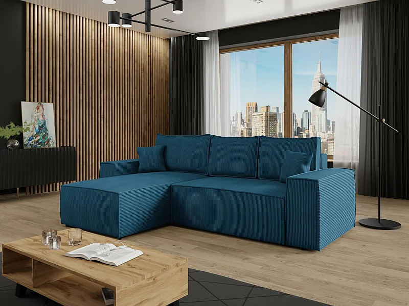 Sofá de canto Clovis 108, Azul, Funcionalidade de dormir, 28x17x9cm