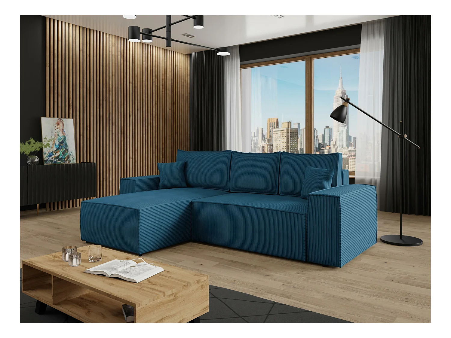 Canapé d'angle Clovis 108, Bleu, Fonction de couchage, Boîte de literie, 279x174x94cm