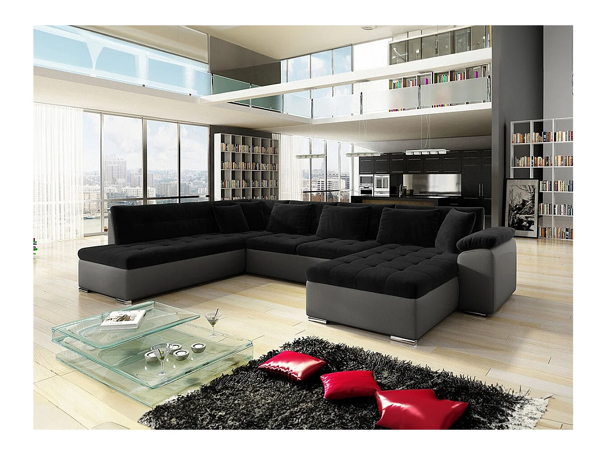 Canapé d'angle Comfivo 128, Noir, Fonction de couchage, 348x205x76cm