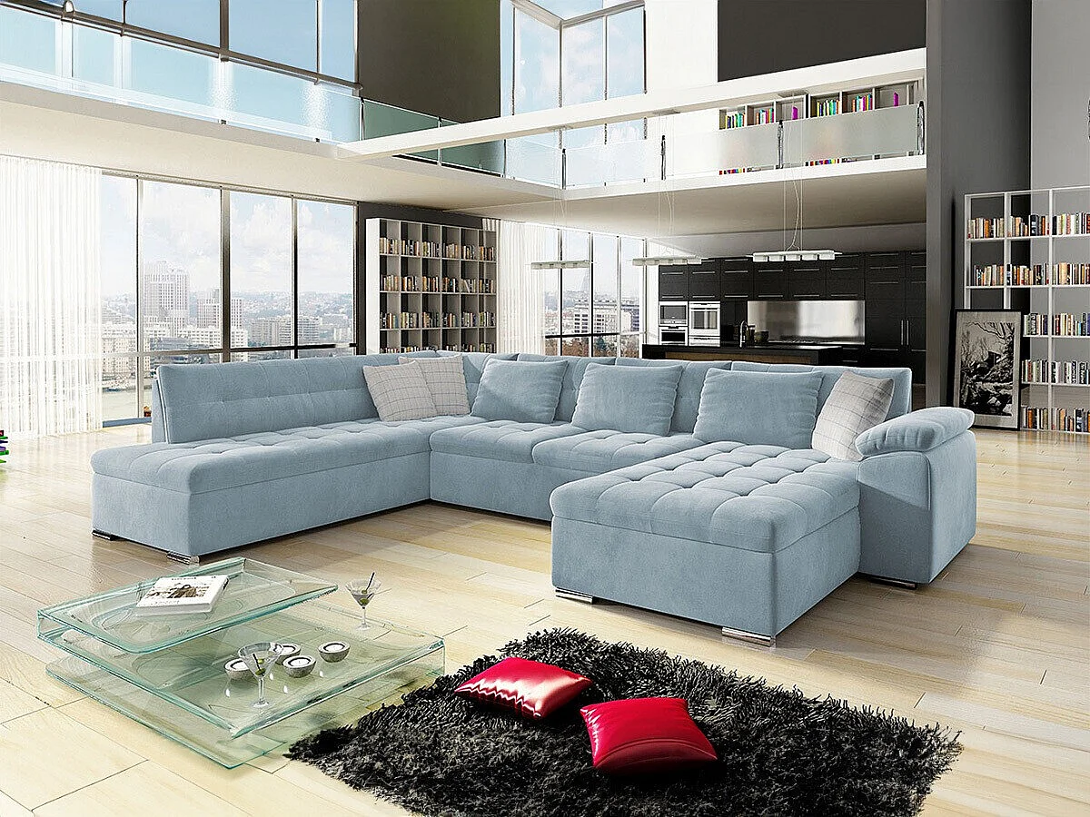 Sofá rinconero Comfivo 114, Azul, Función de descanso, Almacenaje, 348x205x76cm