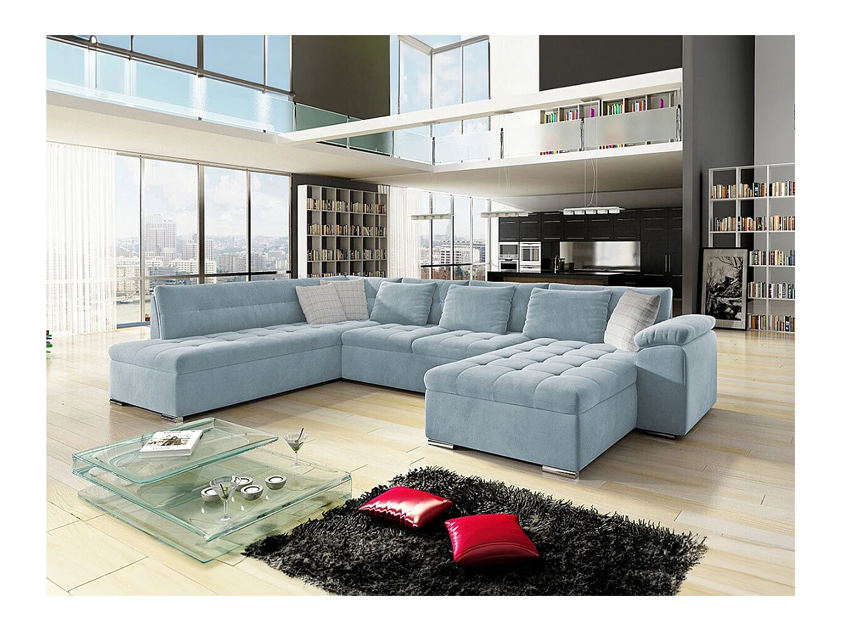 Canapé d'angle Comfivo 114, Bleu, Fonction de couchage, Boîte de literie, 348x205x76cm