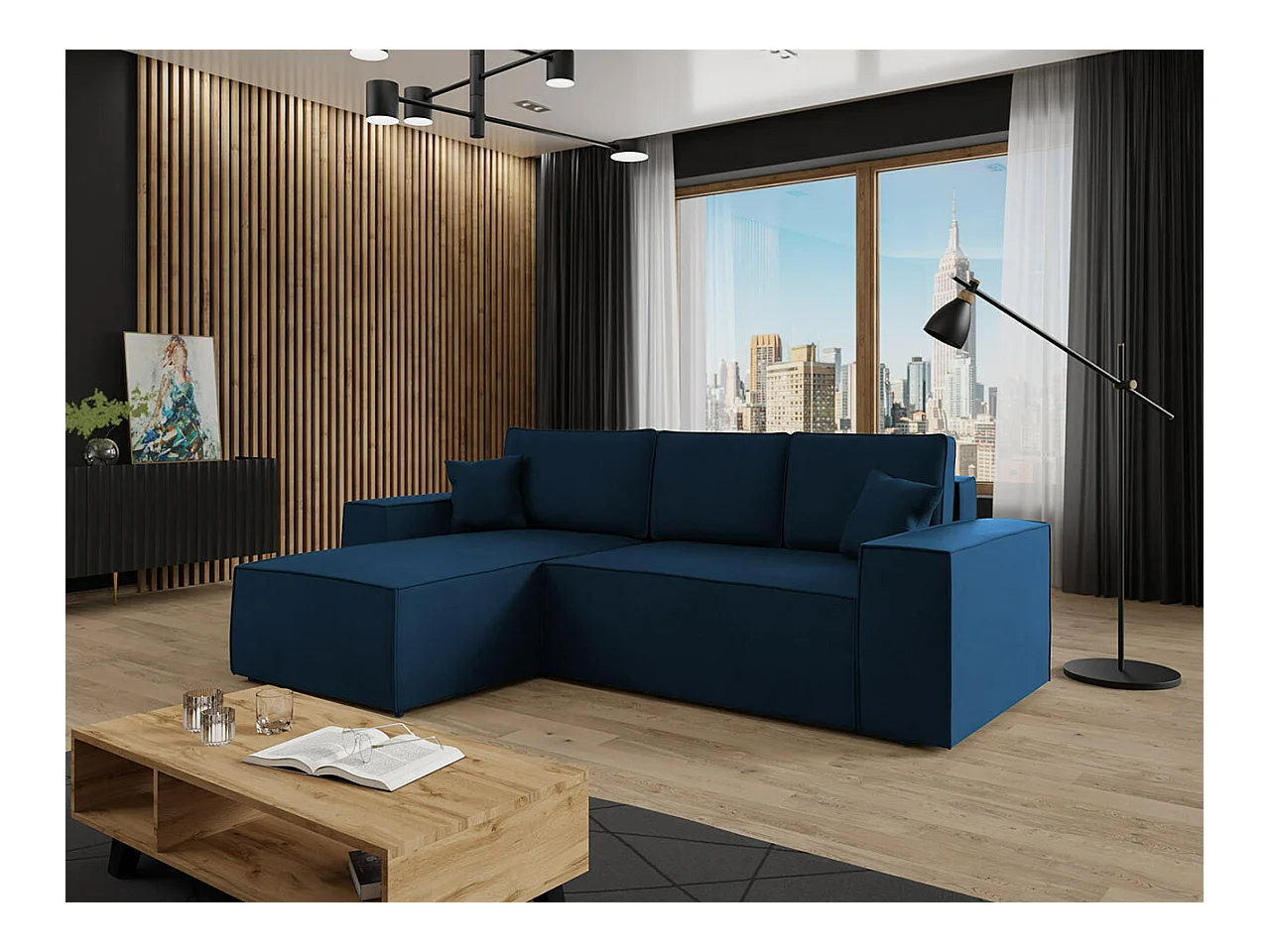 Canapé d'angle Clovis 108, Bleu, Fonction de couchage, Boîte de literie, 279x174x94cm