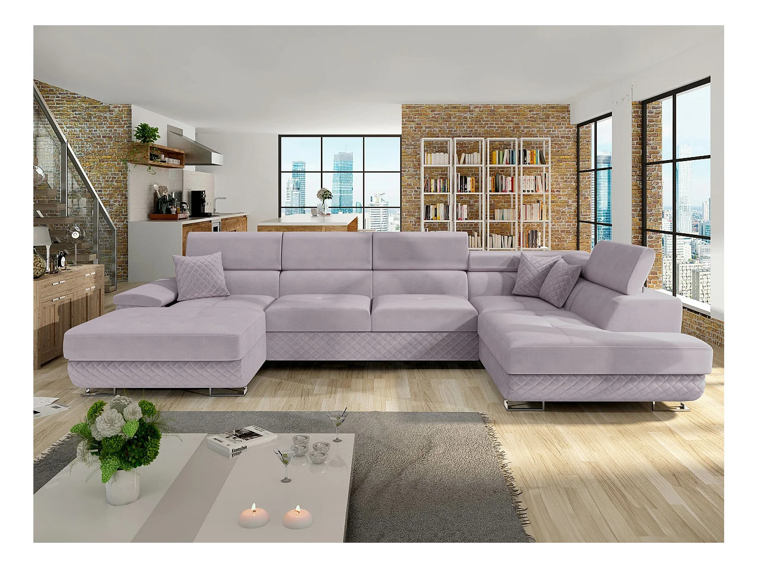 Canapé d'angle Comfivo 241, Pourpre, Fonction de couchage, Boîte de literie, 345x202x71cm