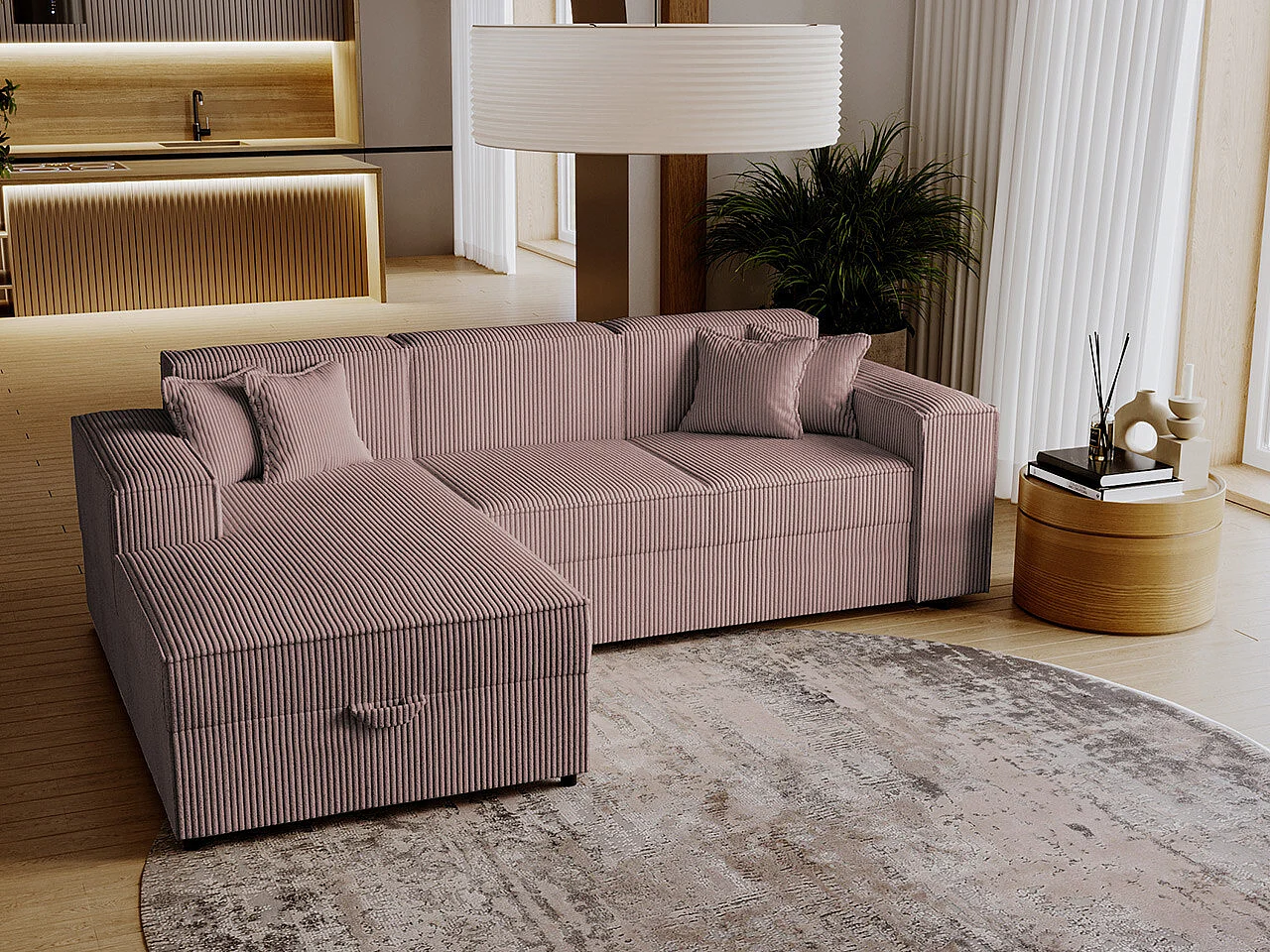 Canapé d'angle Clovis 116, Rose, Fonction de couchage, Boîte de literie, 253x166x79cm