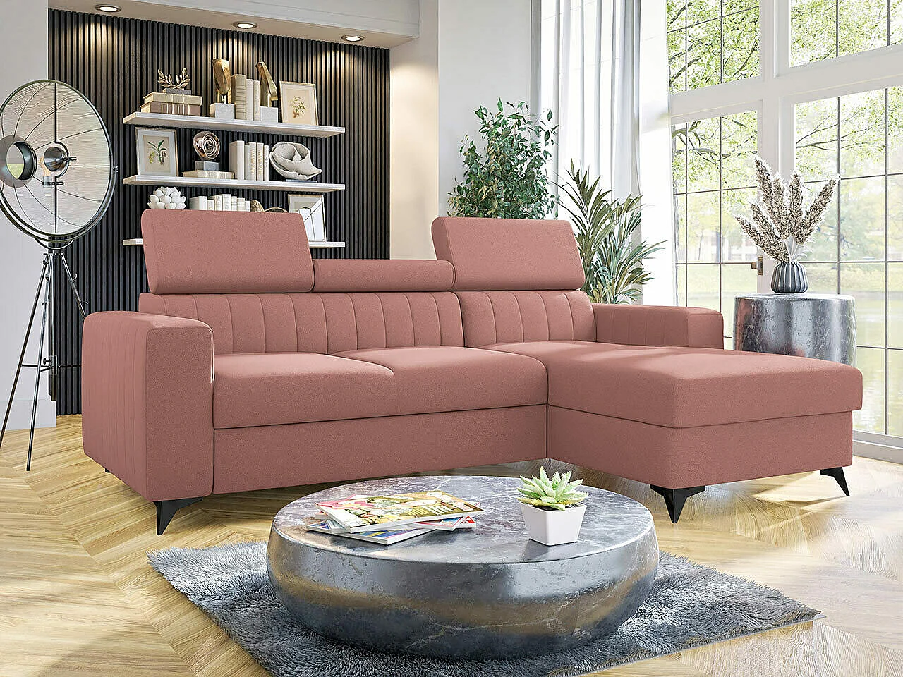 Canapé d'angle Columbus 170, Rose, Fonction de couchage, Boîte de literie, 236x172x82cm