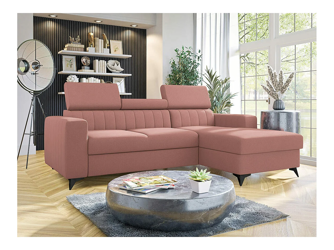 Canapé d'angle Columbus 170, Rose, Fonction de couchage, Boîte de literie, 236x172x82cm