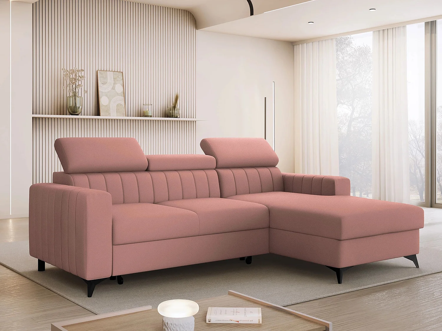 Sofá rinconero Columbus 170, Rosa, Función de descanso, Almacenaje, 236x172x82cm