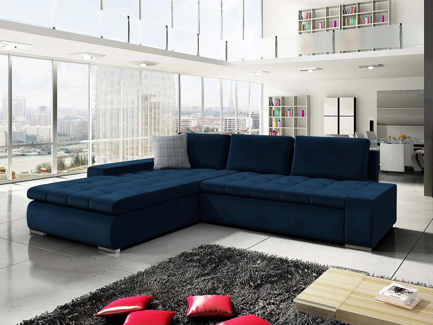 Sofá rinconero Comfivo 147, Azul, Función de descanso, Almacenaje, 302x213x80cm