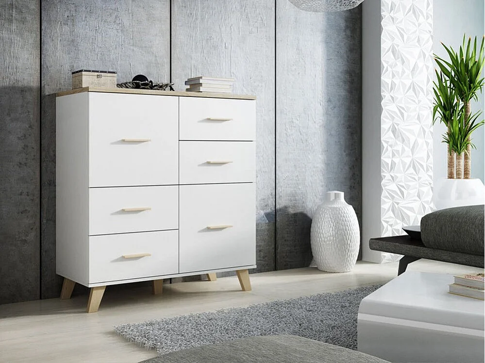 Commode Larfloi 104, Sonoma chêne|Blanc, Tiroirs et portes, Nombre de tiroirs: 4, 119cm