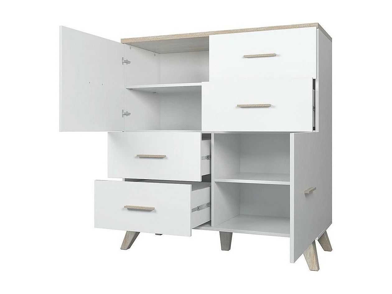 Commode Larfloi 104, Sonoma chêne|Blanc, Tiroirs et portes, Nombre de tiroirs: 4, 119cm