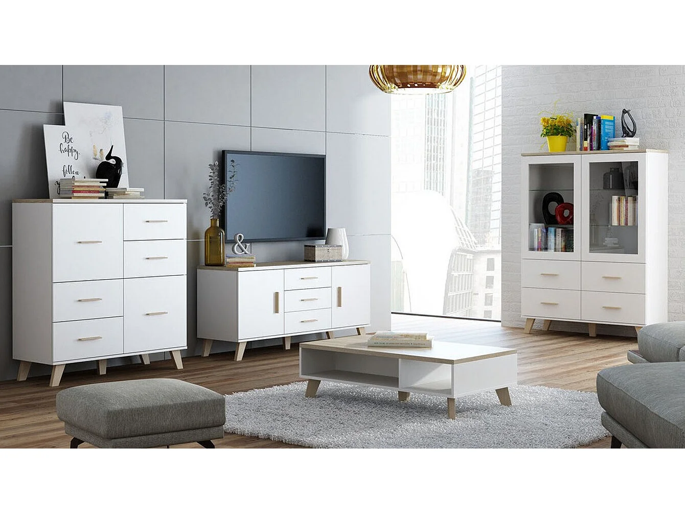 Commode Larfloi 104, Sonoma chêne|Blanc, Tiroirs et portes, Nombre de tiroirs: 4, 119cm
