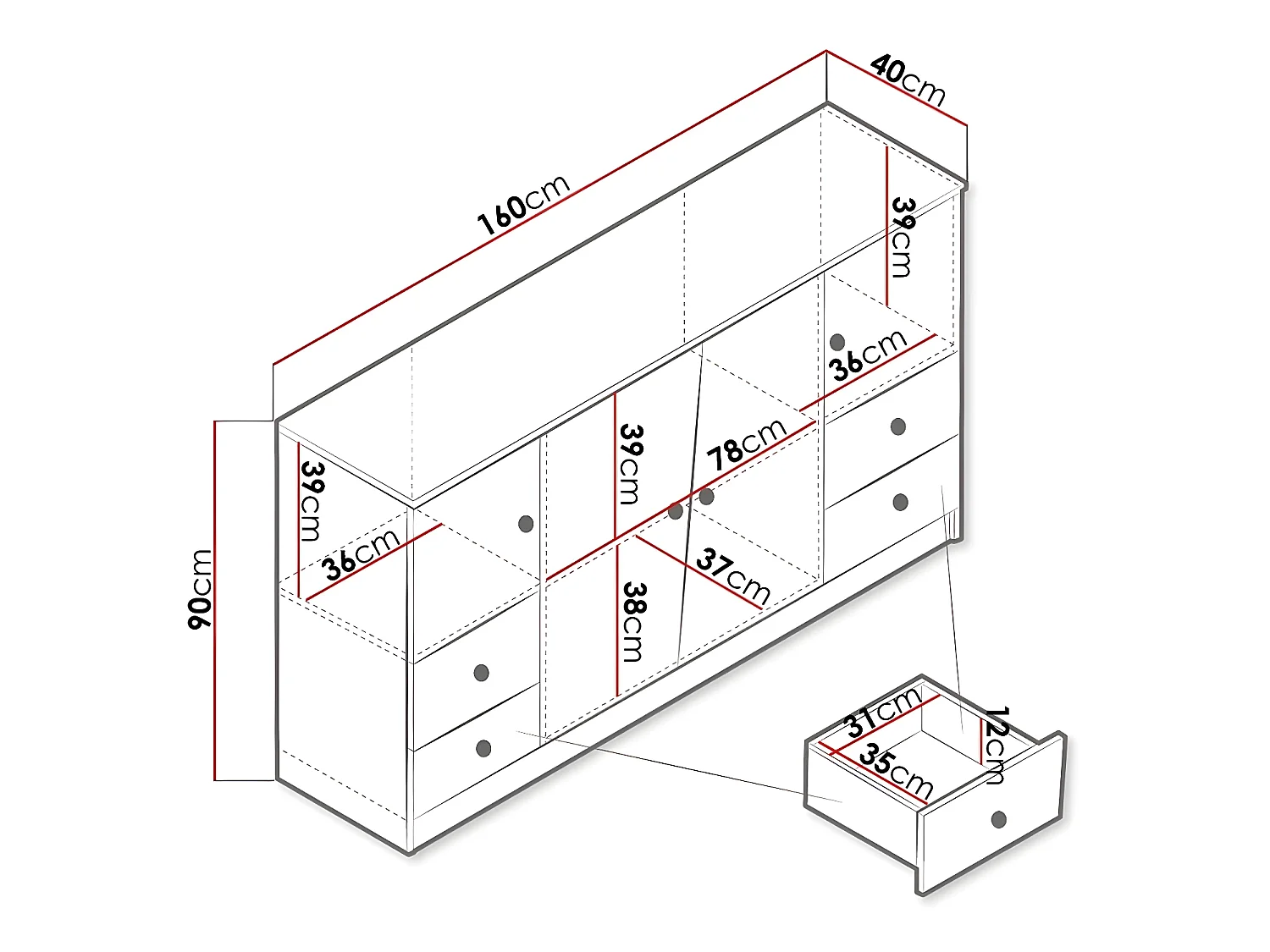 Cómoda Almira 105, Com gavetas e portas, Número de gavetas: 4