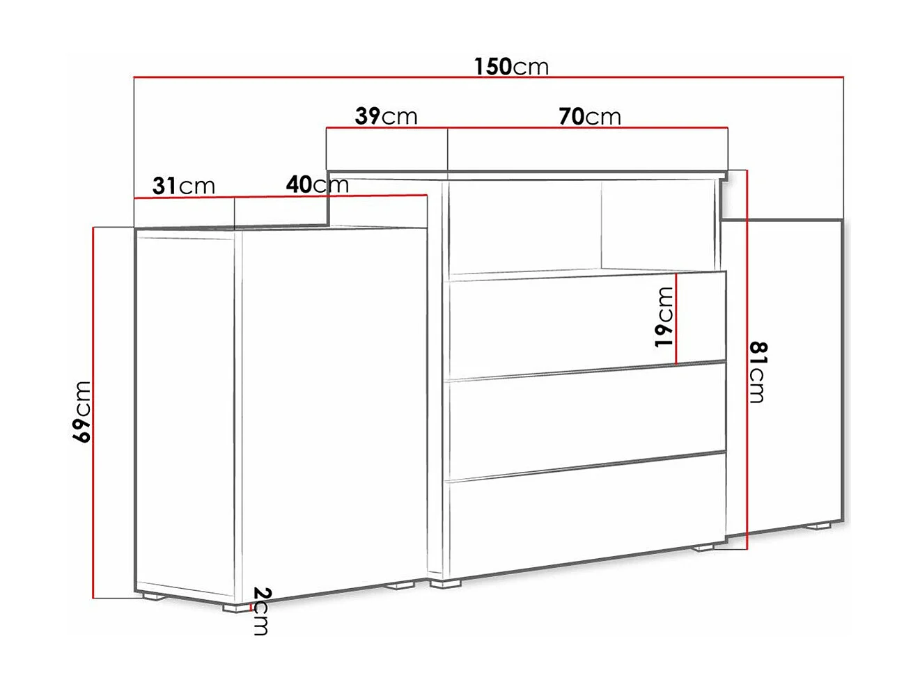 Cómoda Sarasota 127, Com gavetas e portas, Número de gavetas: 3