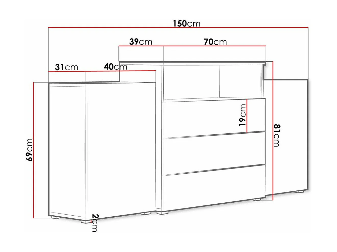 Cómoda Sarasota 127, Com gavetas e portas, Número de gavetas: 3