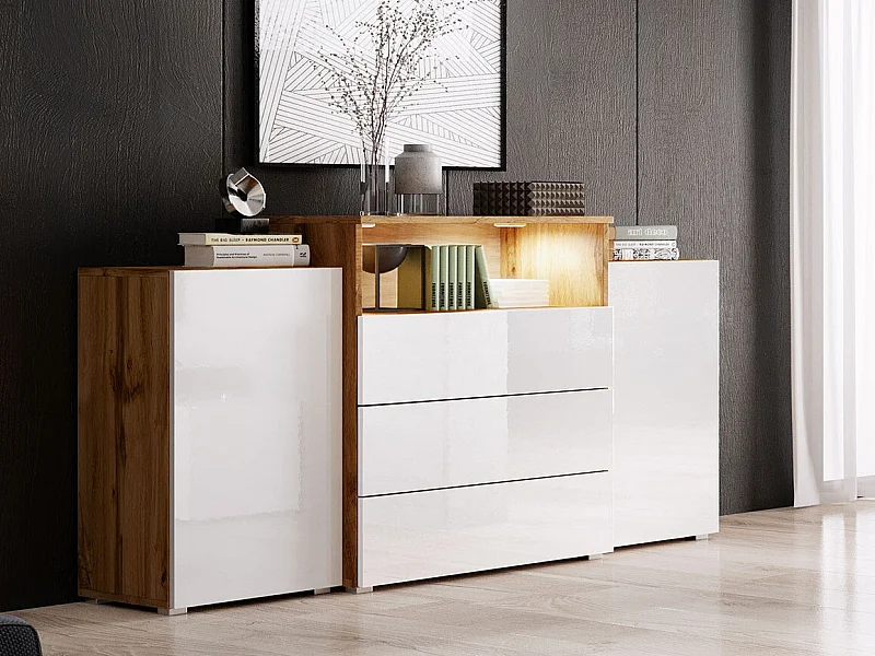 Cómoda Sarasota 127, Roble wotan|Blanco brillante, Con cajones y puertas, 81x150x39cm