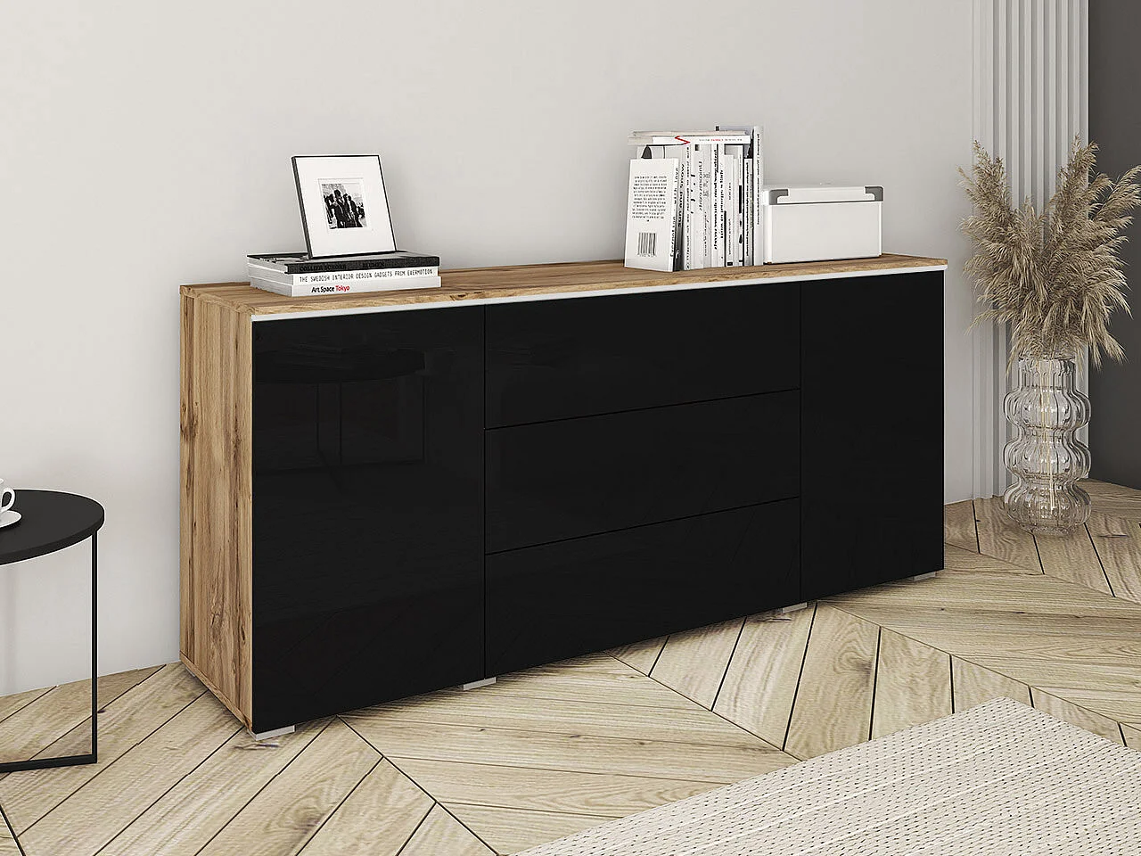 Commode Sarasota 142, Chêne wotan|Noir brillant, Avec tiroirs et portes, 66x150x40cm