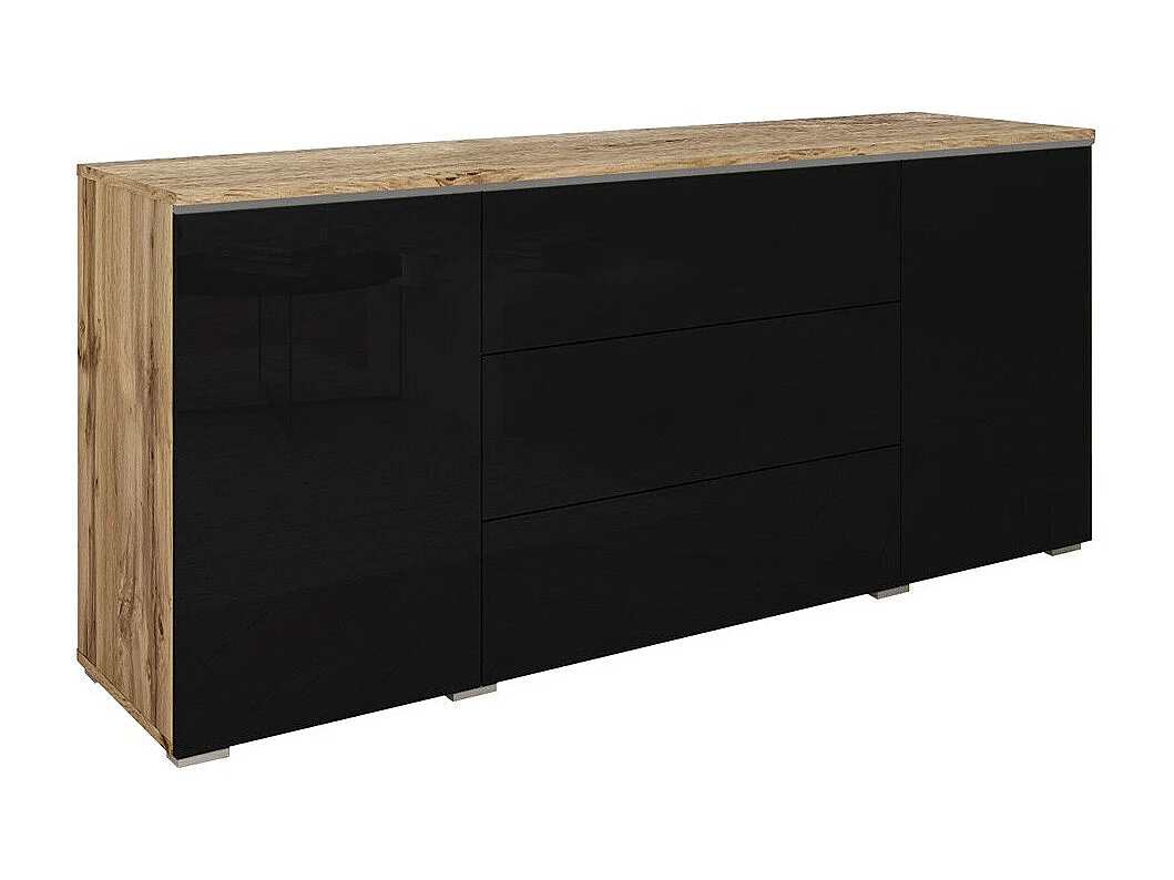 Commode Sarasota 142, Chêne wotan|Noir brillant, Avec tiroirs et portes, 66x150x40cm