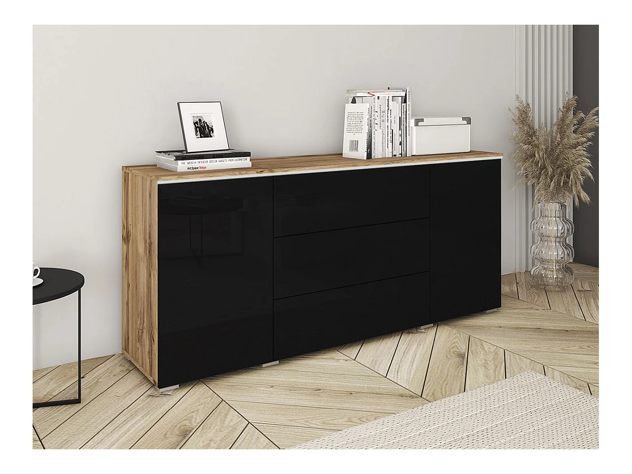 Commode Sarasota 142, Noir brillant|Chêne wotan, Avec tiroirs et portes, 66x150x40cm