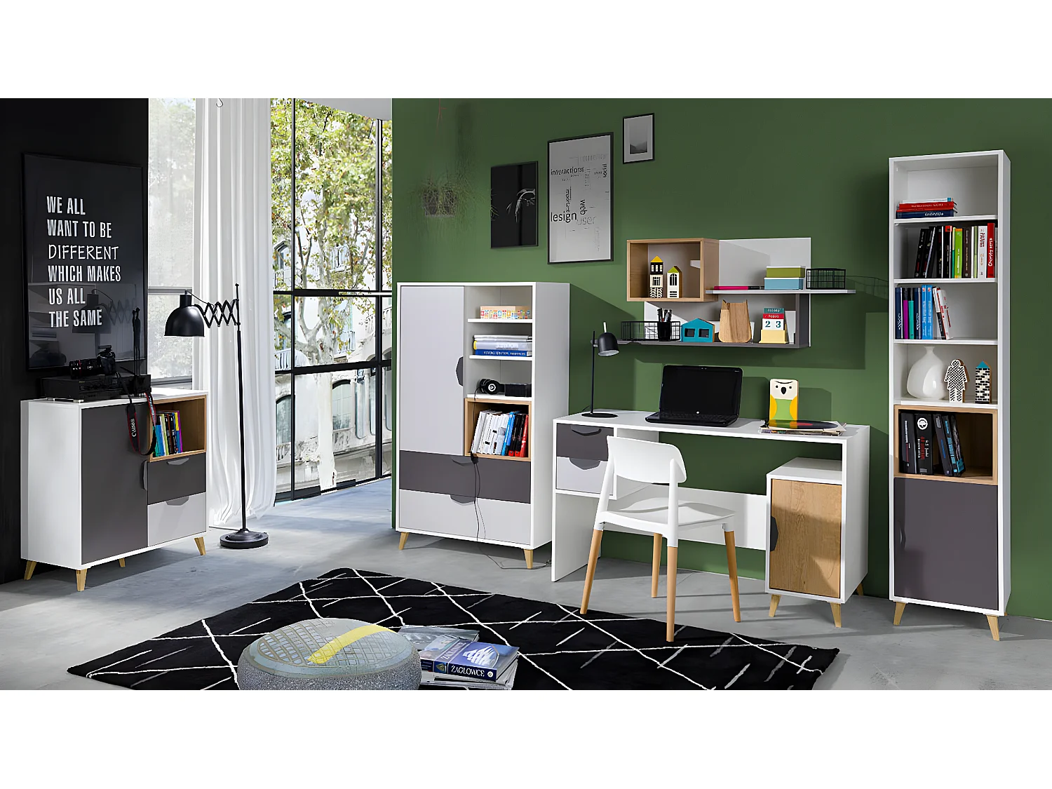 Cómoda Domvera 108, Gris|Roble de lefkada|Blanco|Grafito, Con cajones y puertas, 84x80cm