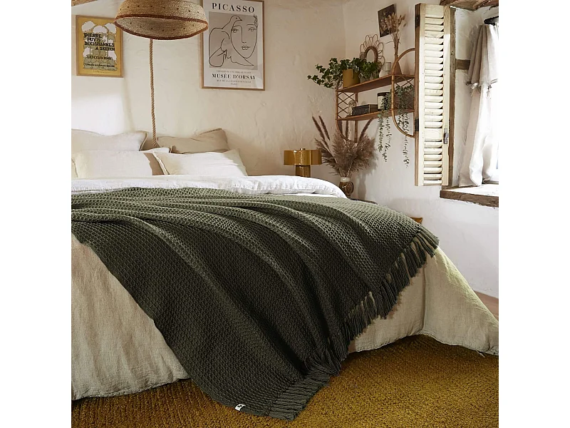 Plaid à franges thym matière recyclée 130 x 160 cm