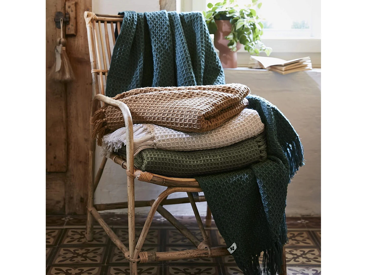 Plaid à franges thym matière recyclée 130 x 160 cm