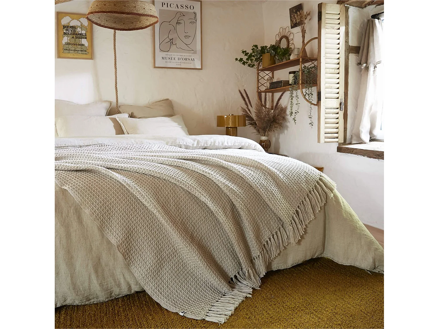 Plaid à franges écru matière recyclée 180 x 220 cm