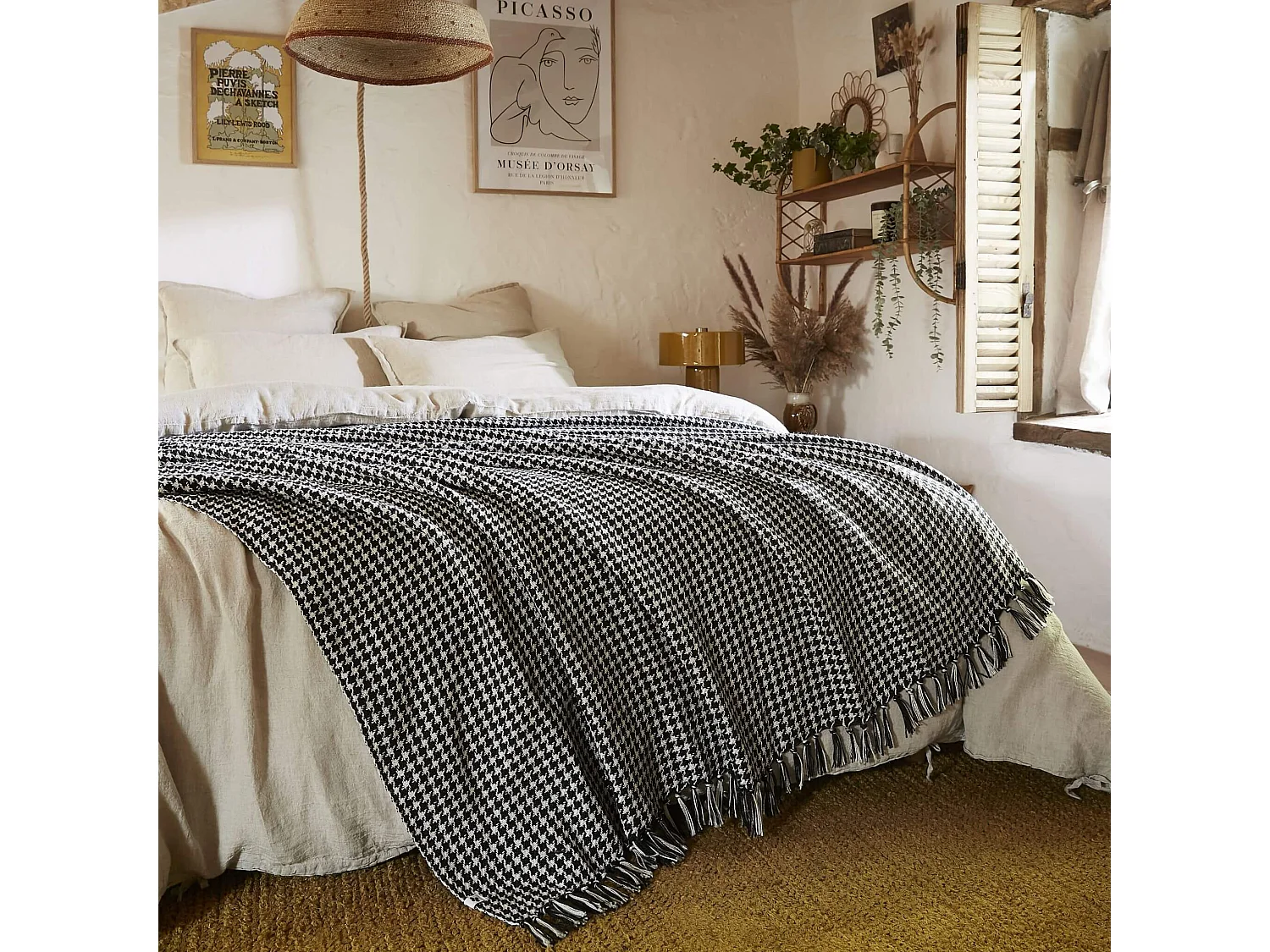 Plaid à franges pied de poule 180 x 220 cm