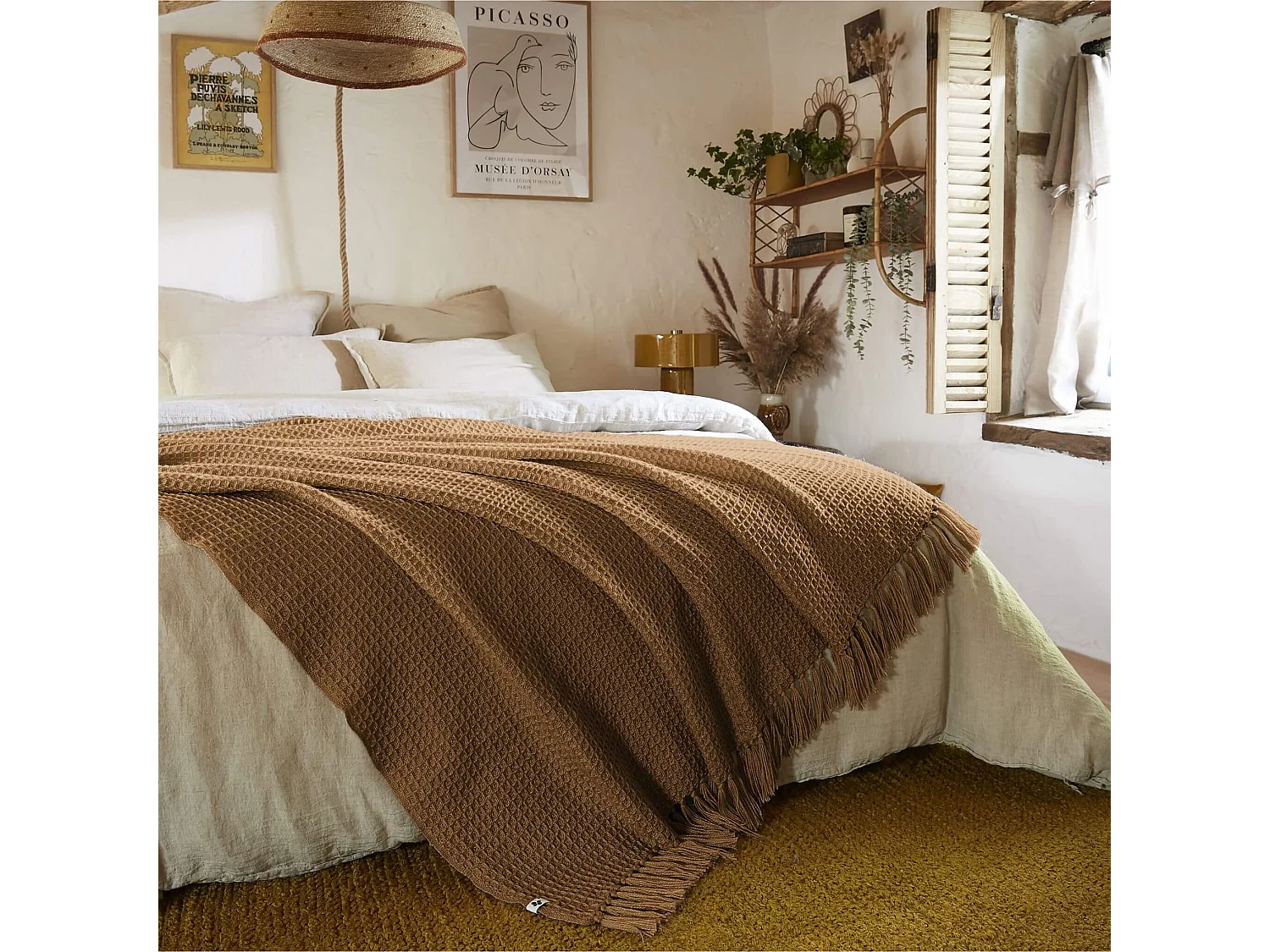 Plaid à franges camel matière recyclée 130 x 160 cm