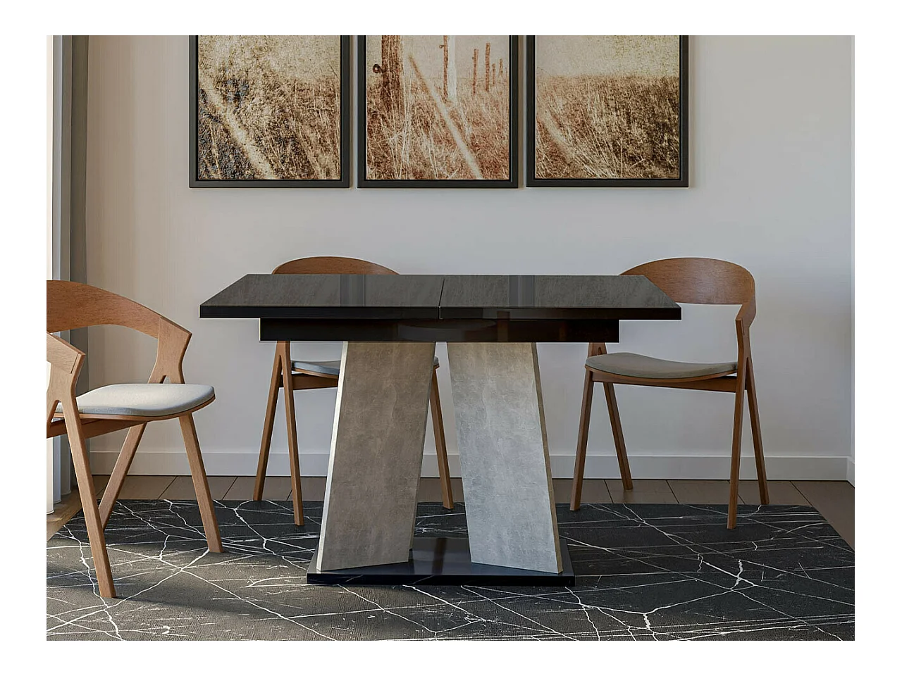 Table Goodyear 107, Béton|Noir brillant, 75x90x120cm, Allongement, Stratifié
