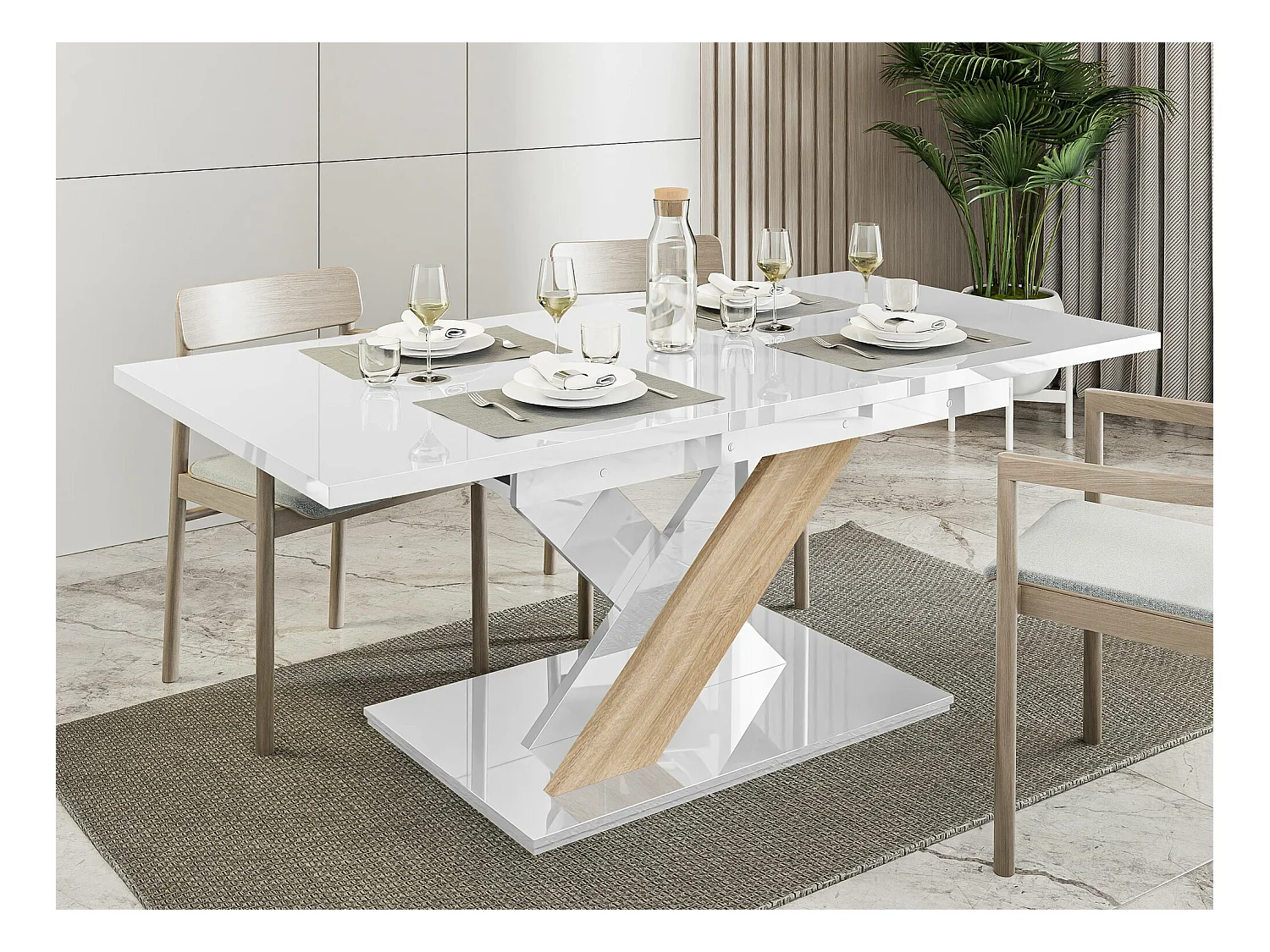 Table Goodyear 103, Blanc brillant|Sonoma chêne, 76x80x140cm, Allongement, Stratifié