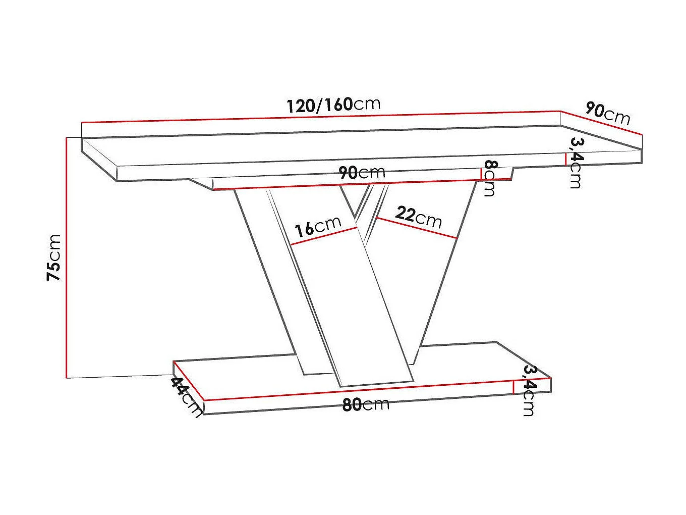 Table Goodyear 125, Gris|Blanc, 75x90x120cm, Allongement, Stratifié
