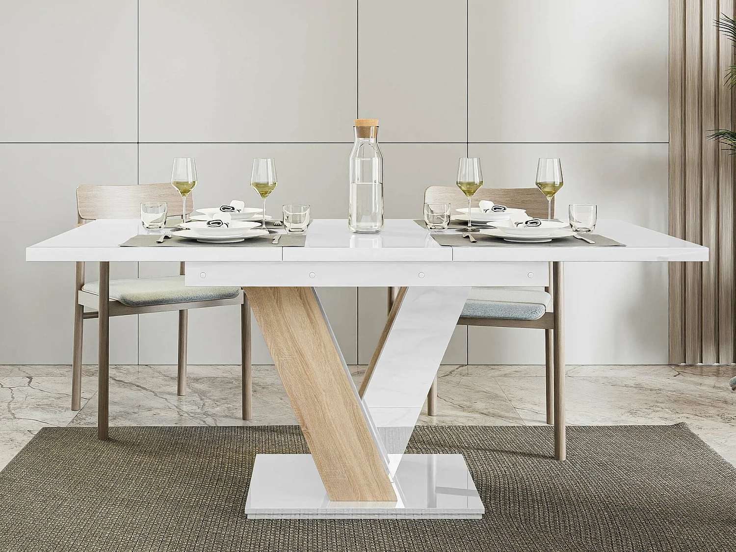 Mesa Goodyear 104, Roble Sonoma|Blanco brillante, 76x80x120cm, Alargamiento