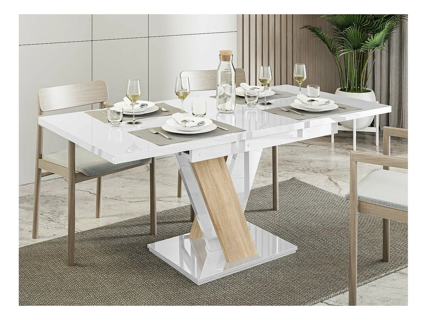 Table Goodyear 104, Sonoma chêne|Blanc brillant, 76x80x120cm, Allongement, Stratifié