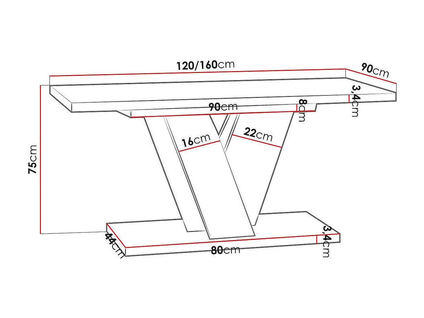 Table Goodyear 125, Béton|Noir brillant, 75x90x120cm, Disponible, Stratifié