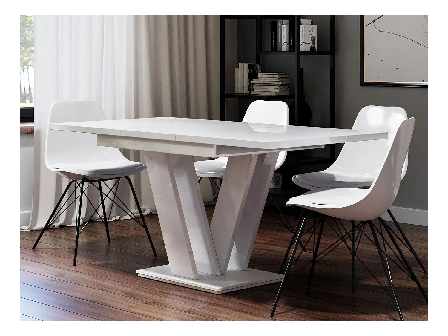 Table Goodyear 104, Blanc brillant, 76x80x120cm, Allongement, Stratifié