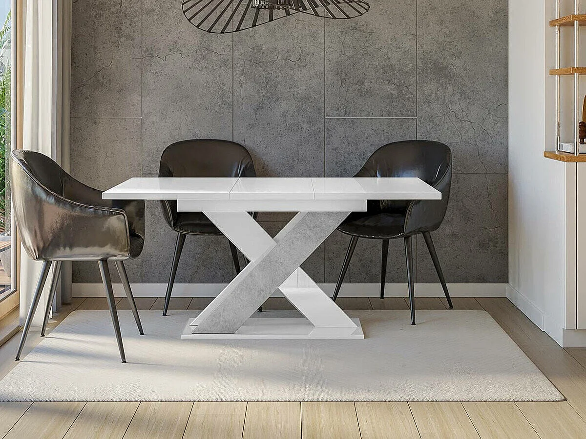 Table Goodyear 117, Béton|Blanc brillant, 75x90x120cm, Allongement, Stratifié