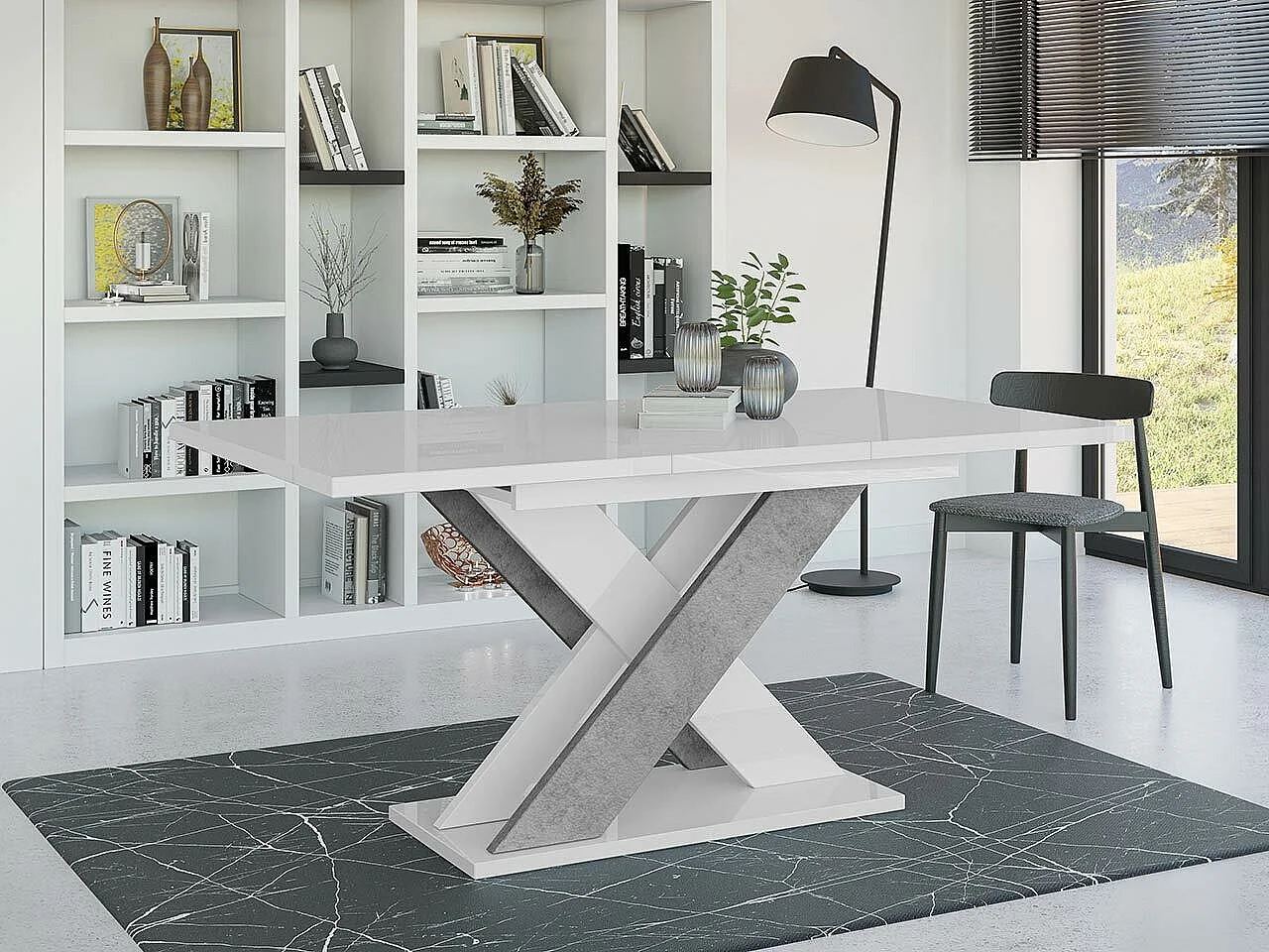 Table Goodyear 117, Blanc brillant|Béton, 75x90x120cm, Allongement, Stratifié