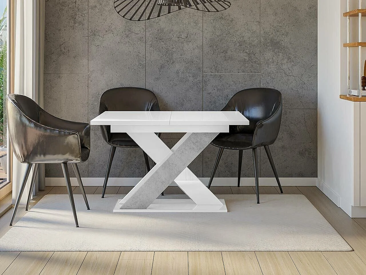 Table Goodyear 117, Blanc brillant|Béton, 75x90x120cm, Allongement, Stratifié