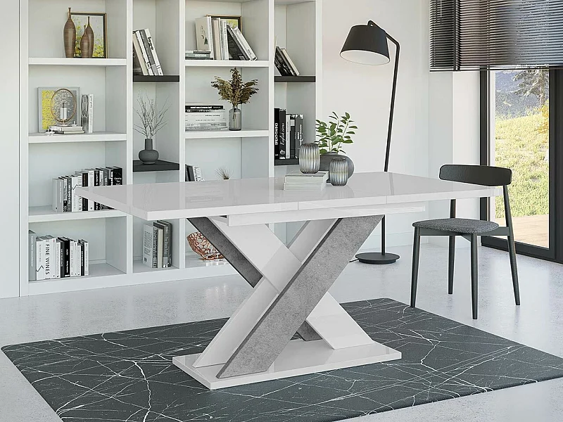 Tavolo Goodyear 117, Calcestruzzo|Bianco lucido, 75x90x120cm, Con, Truciolare laminato