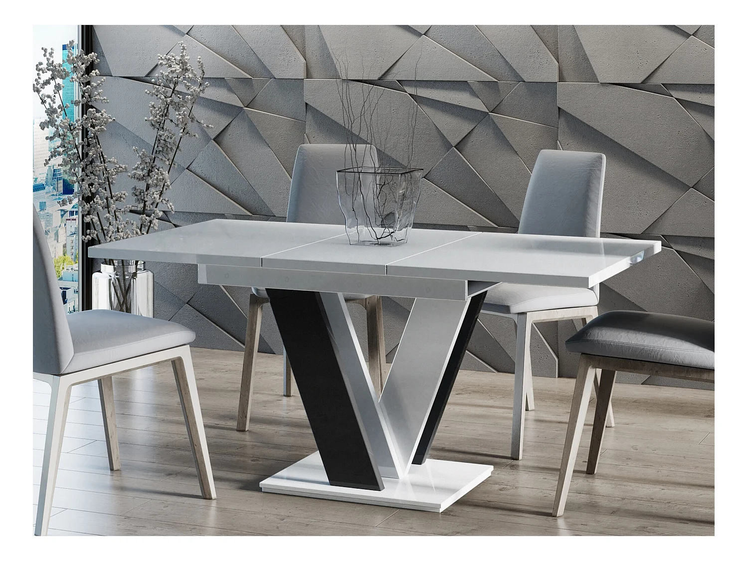 Table Goodyear 104, Blanc brillant|Noir brillant, 76x80x120cm, Allongement, Stratifié