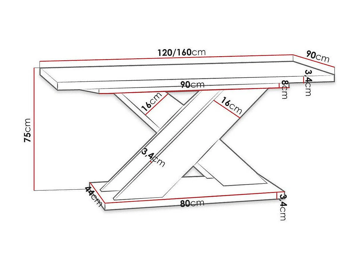 Table Goodyear 117, Béton|Noir brillant, 75x90x120cm, Allongement, Stratifié