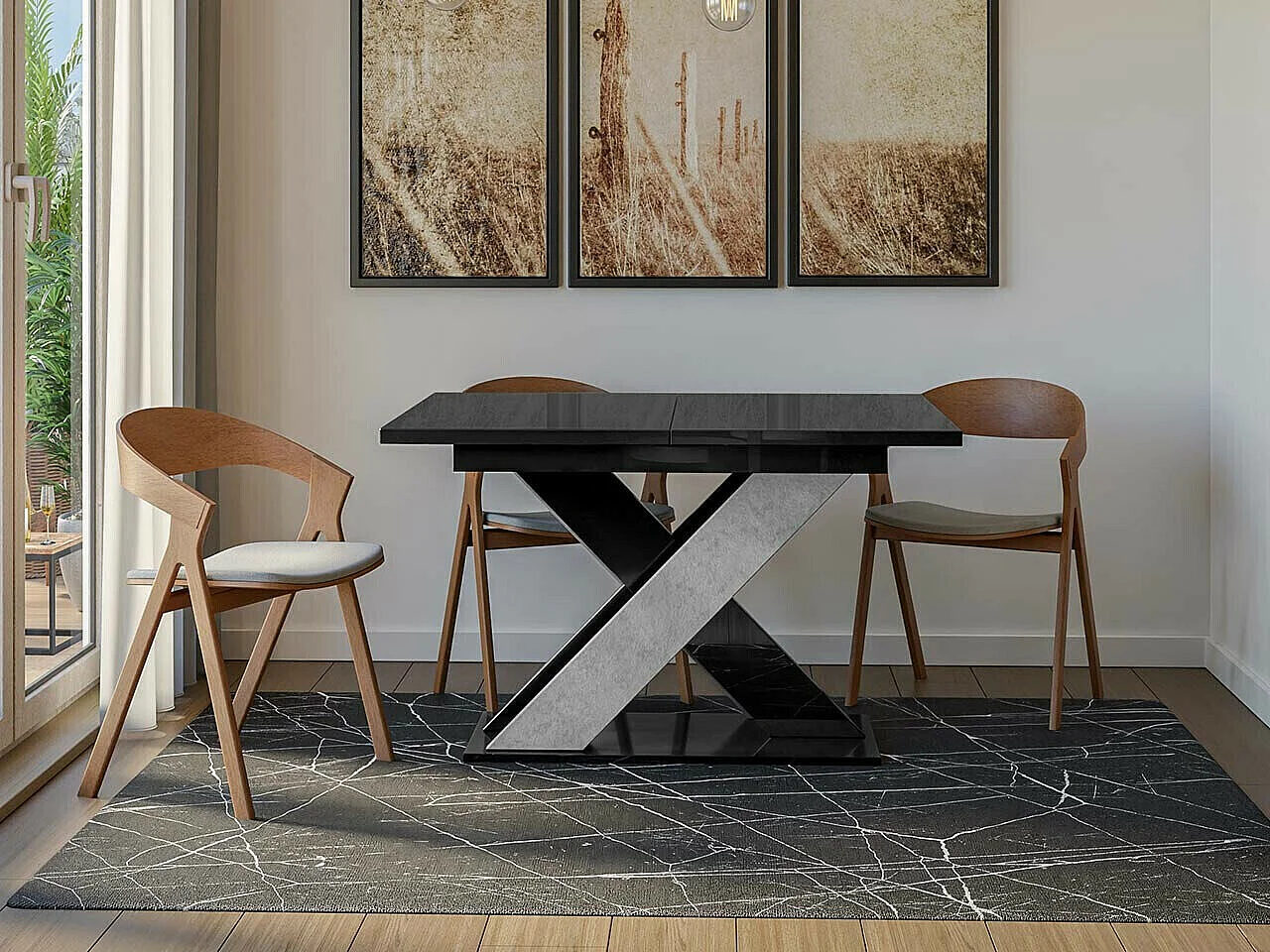 Table Goodyear 117, Béton|Noir brillant, 75x90x120cm, Allongement, Stratifié