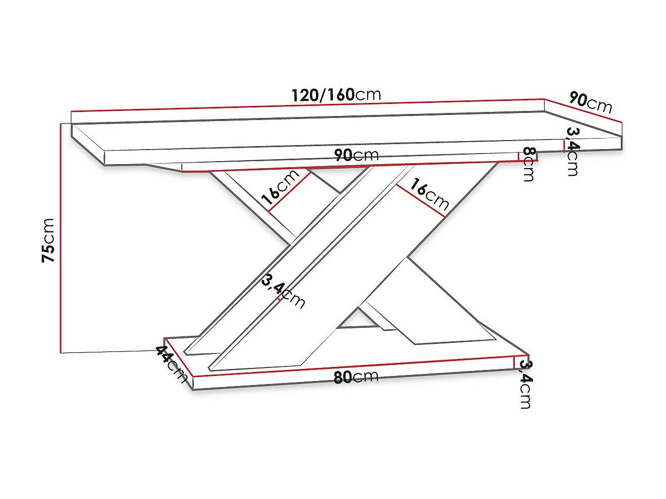 Table Goodyear 117, Béton|Noir brillant, 75x90x120cm, Allongement, Stratifié