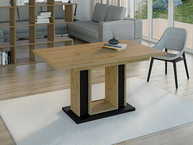 Table Goodyear 124, Chêne Artisan|Noir, 75x90x140cm, Allongement, Stratifié