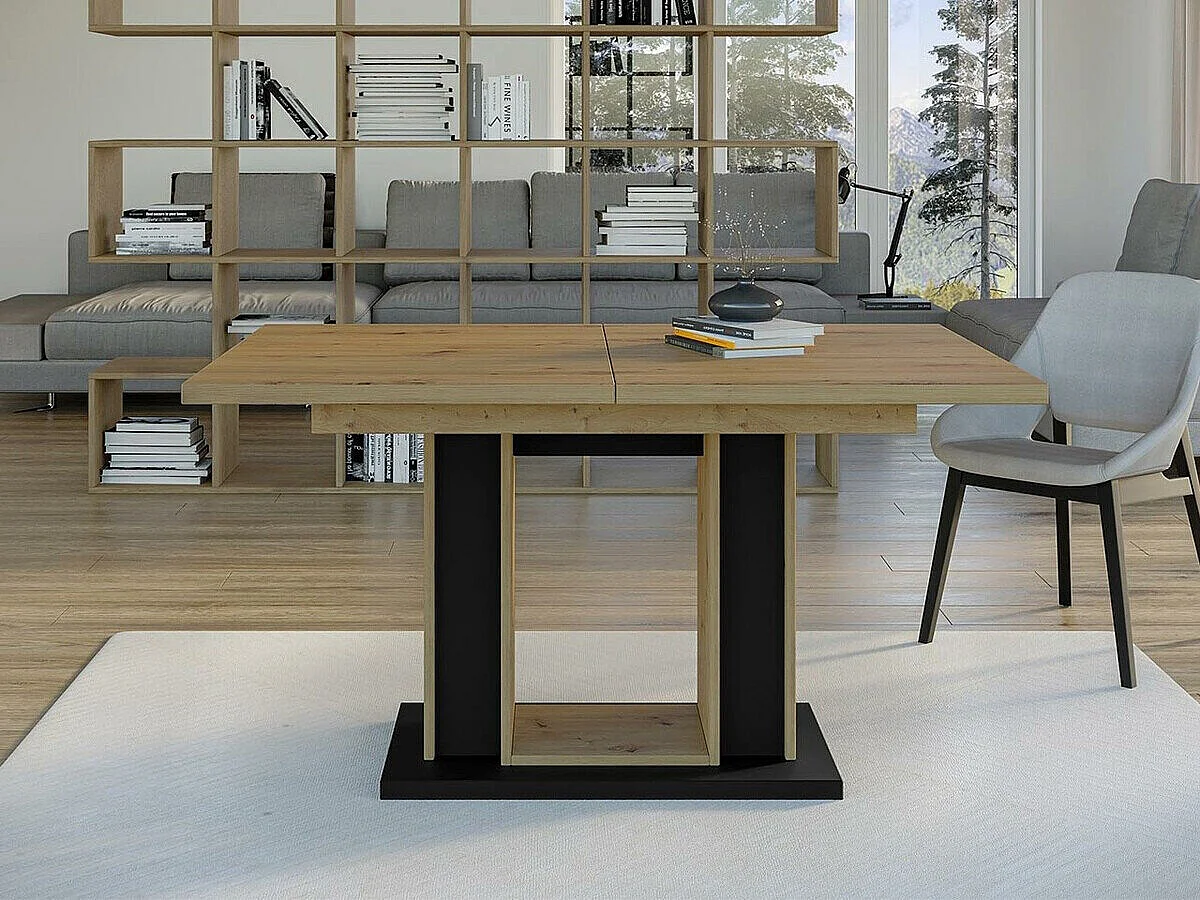 Table Goodyear 124, Chêne Artisan|Noir, 75x90x140cm, Allongement, Stratifié