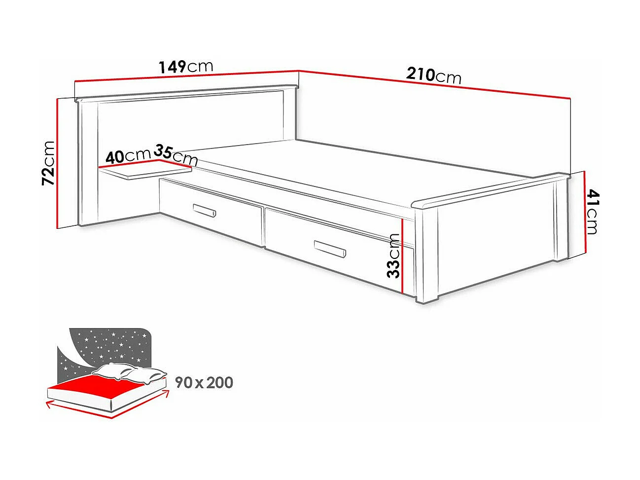 Lit Henderson 118, Unique, Bleu, 90x200, Stratifié, Disponible, 149x210x72cm